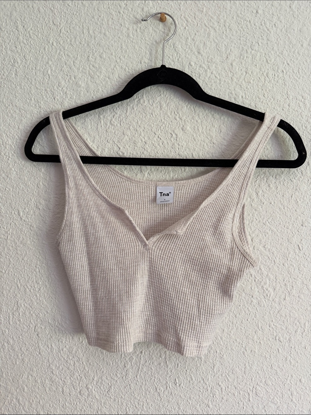 TNA Ribbed V-Neck Crop Tank in Light Beige